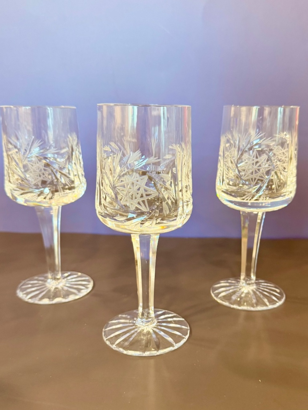 Vintage Set of 12 Bohemian Cut Crystal Wine Glasses 6-Pinwheel Starburst